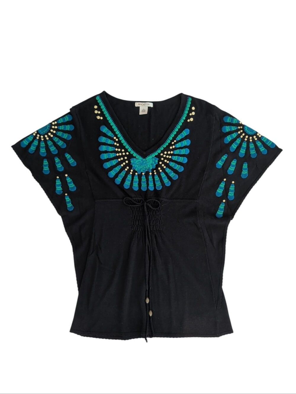 Boho Embellished V-Neck Women’s Top - Black with Teal Accents